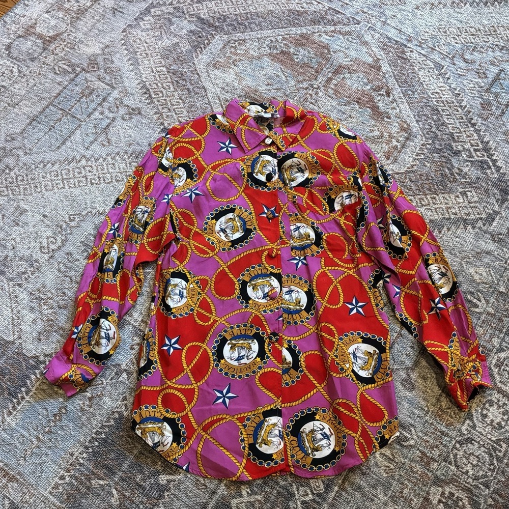 VTG TESS Women's Nautical Rope Button Shirt Sz‎ S Colorful Artsy Statement EUC